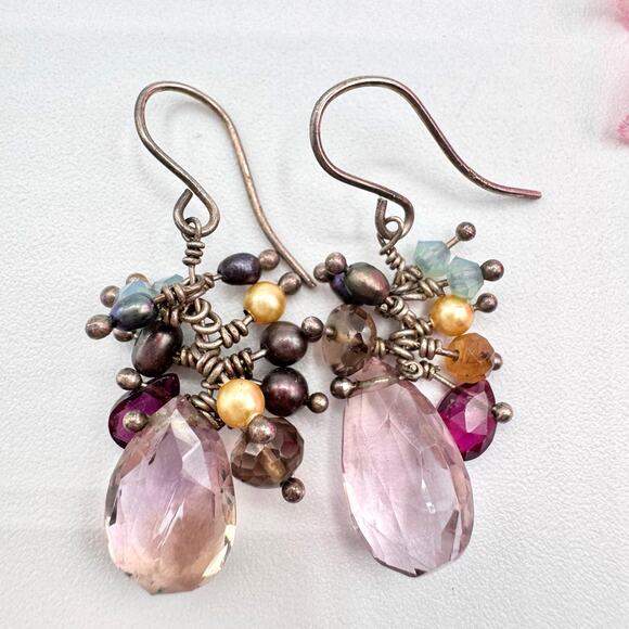 Amethyst Pearl Mixed Gemstone Silver Cha Cha Dangle Earrings Tested Boho Fun - Picture 1 of 10